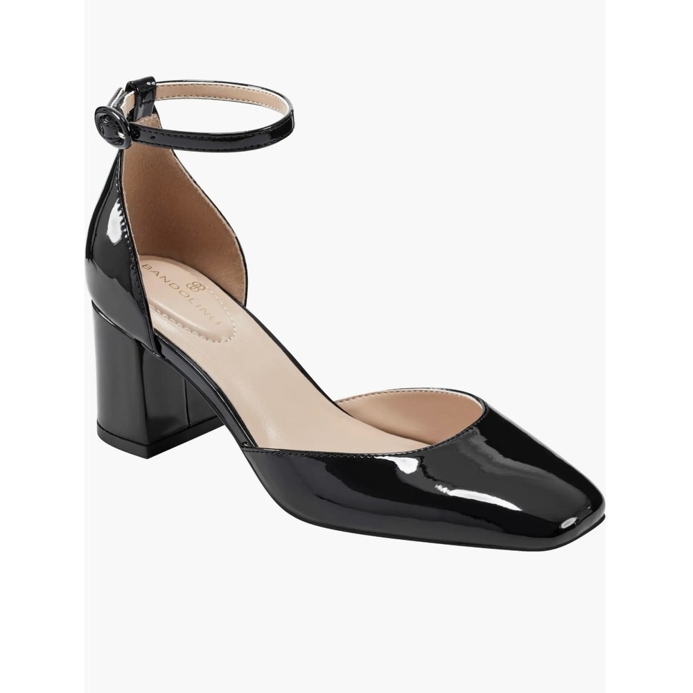 Bandolino Black Patent Ankle Strap Block Heel Pumps Square Toe Women Size 10